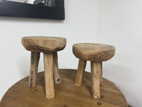 Rustic Milking Stool Plant Stand | Vintage Antique-Style Wooden Display Stool