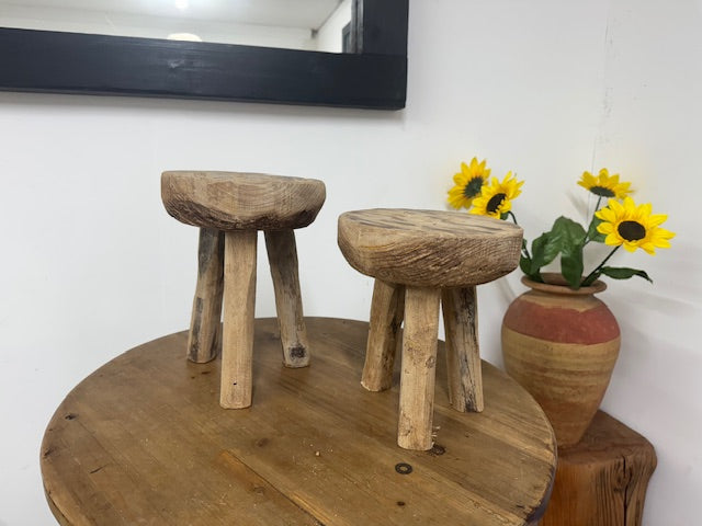 Rustic Milking Stool Plant Stand | Vintage Antique-Style Wooden Display Stool