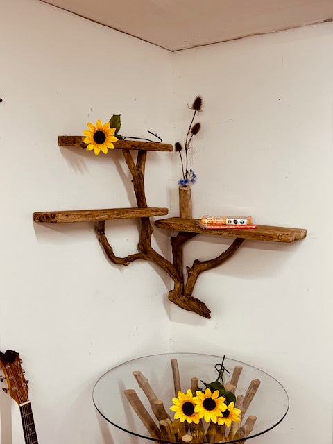 Corner Tree Shelf — Three Tier Driftwood Wall Sculpture